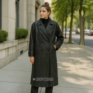 Vintage Pelle Cuir Black Embossed 100% Leather Trench Coat Shoulder Pads Size L